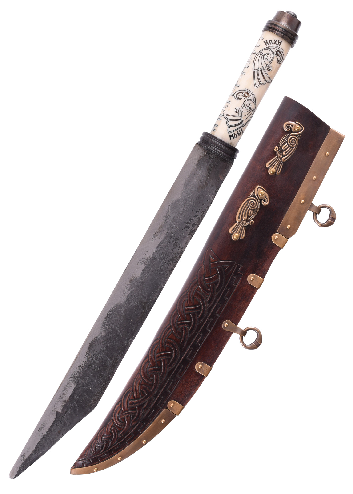 Viking Long Seax, Bone Grip with Norse Ravens Hugin and Munin