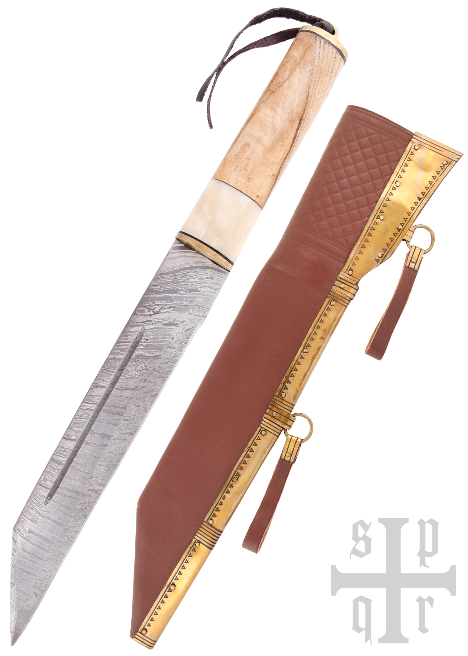 Scramasax, Seax with Damascus Steel Blade, Wood/Bone Handle